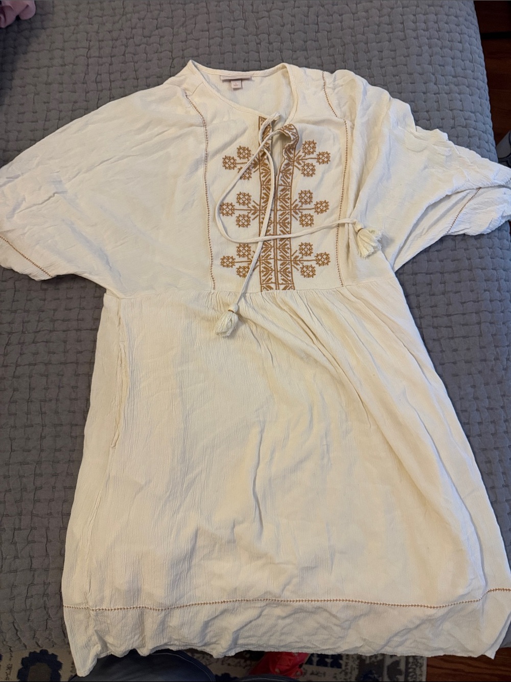 Knox Rose Cream Embroidered Peasant Tunic with Tan Accents